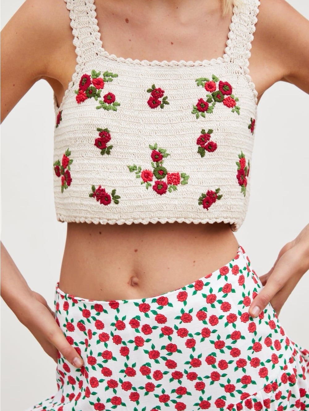 Zara Cream Crochet Crop Top with Red Rose Embroidery
